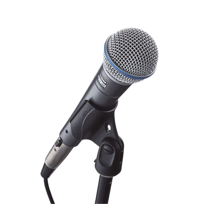Shure BETA58A Microphone on a mic stand with XLR cable